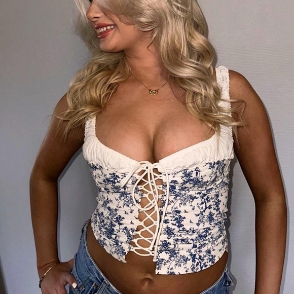 H&M LACING-DETAIL COTTON BUSTIER TOP Floral Lace-Up Blue and White Women's Top - Picture 2 of 4